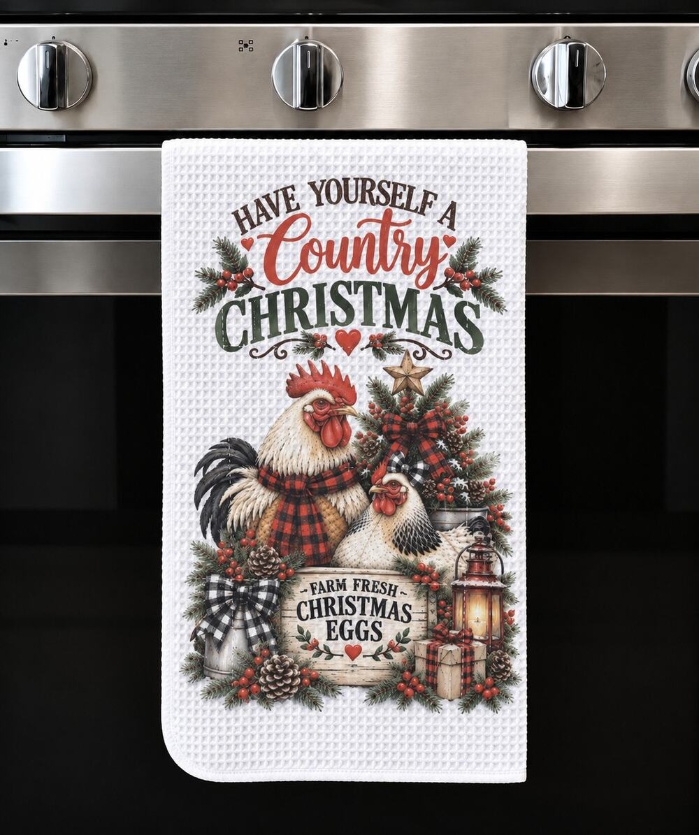 Country Christmas Rooster & Hen Farmhouse Kitchen Towel